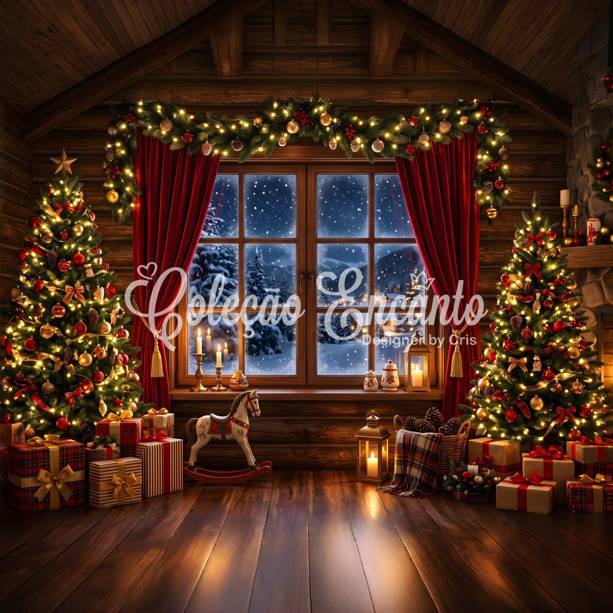 Christmas Photo Backdrops Cozy Cabin Snow Window Trees Christmas Backdrops For Pictures UK CEM65-75