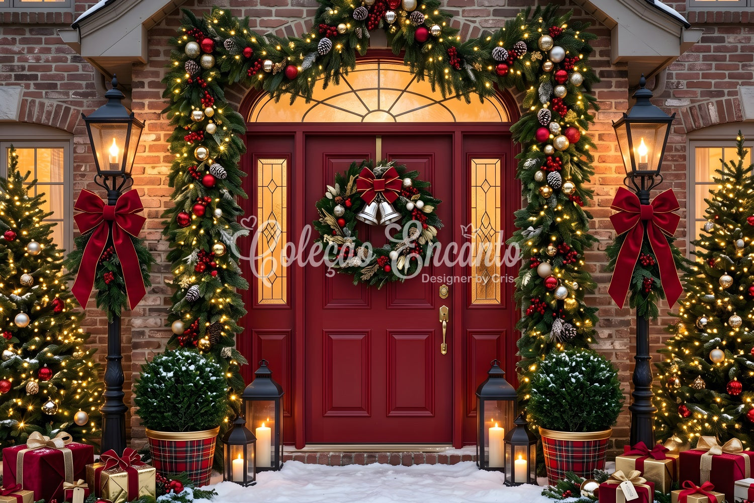 Merry Christmas Backdrop Burgundy Door Garland Lantern Porch Christmas Backdrop UK CEM65-76