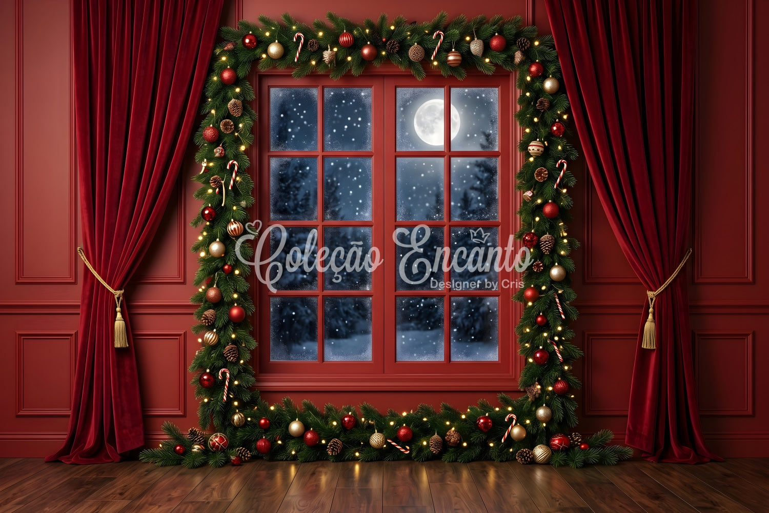 Christmas Backdrops Sale Crimson Moonlit Window Garland Photography Christmas Backdrop UK CEM65-77