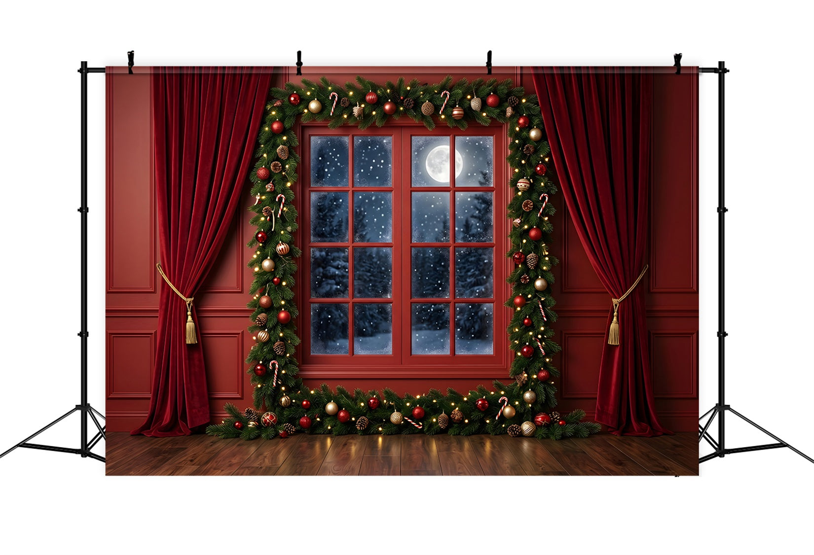 Christmas Backdrops Sale Crimson Moonlit Window Garland Photography Christmas Backdrop UK CEM65-77