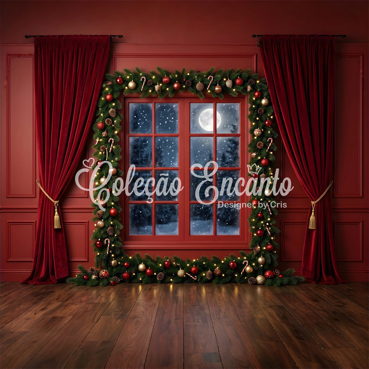 Christmas Backdrops Sale Crimson Moonlit Window Garland Photography Christmas Backdrop UK CEM65-77