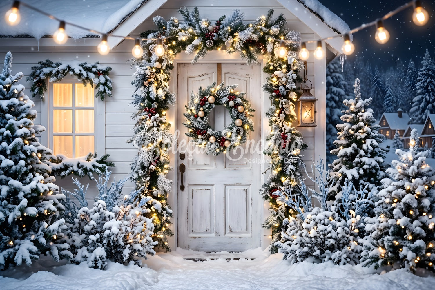 Christmas Backdrops For Photos Snowy White Porch Wreath Christmas Photobooth Backdrop UK CEM65-78