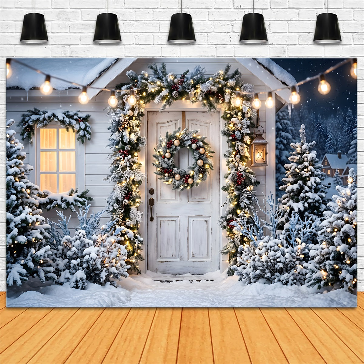 Christmas Backdrops For Photos Snowy White Porch Wreath Christmas Photobooth Backdrop UK CEM65-78