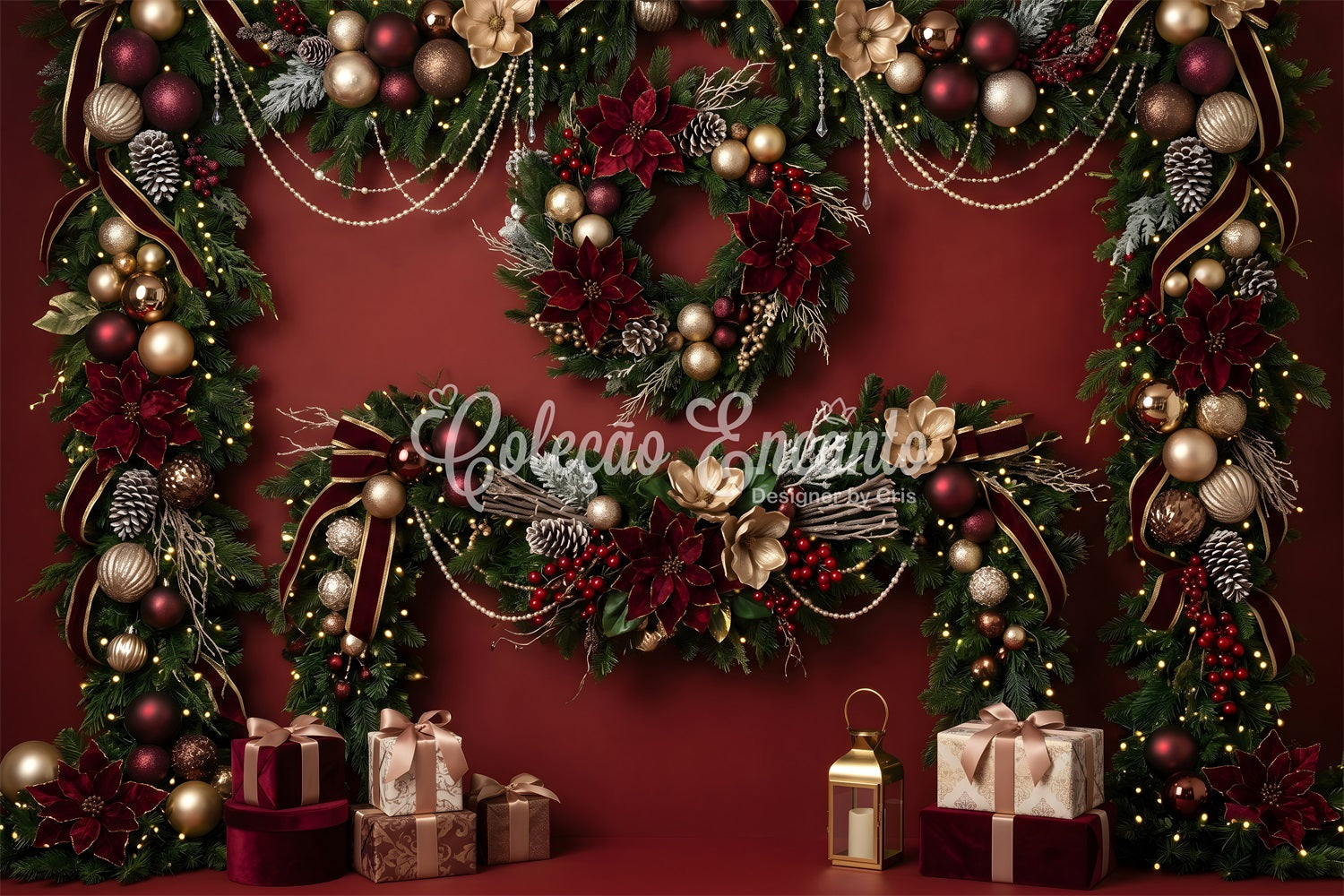 Red Christmas Backdrop Burgundy Poinsettia Garland Gift Christmas Backdrop Photoshoot UK CEM65-82