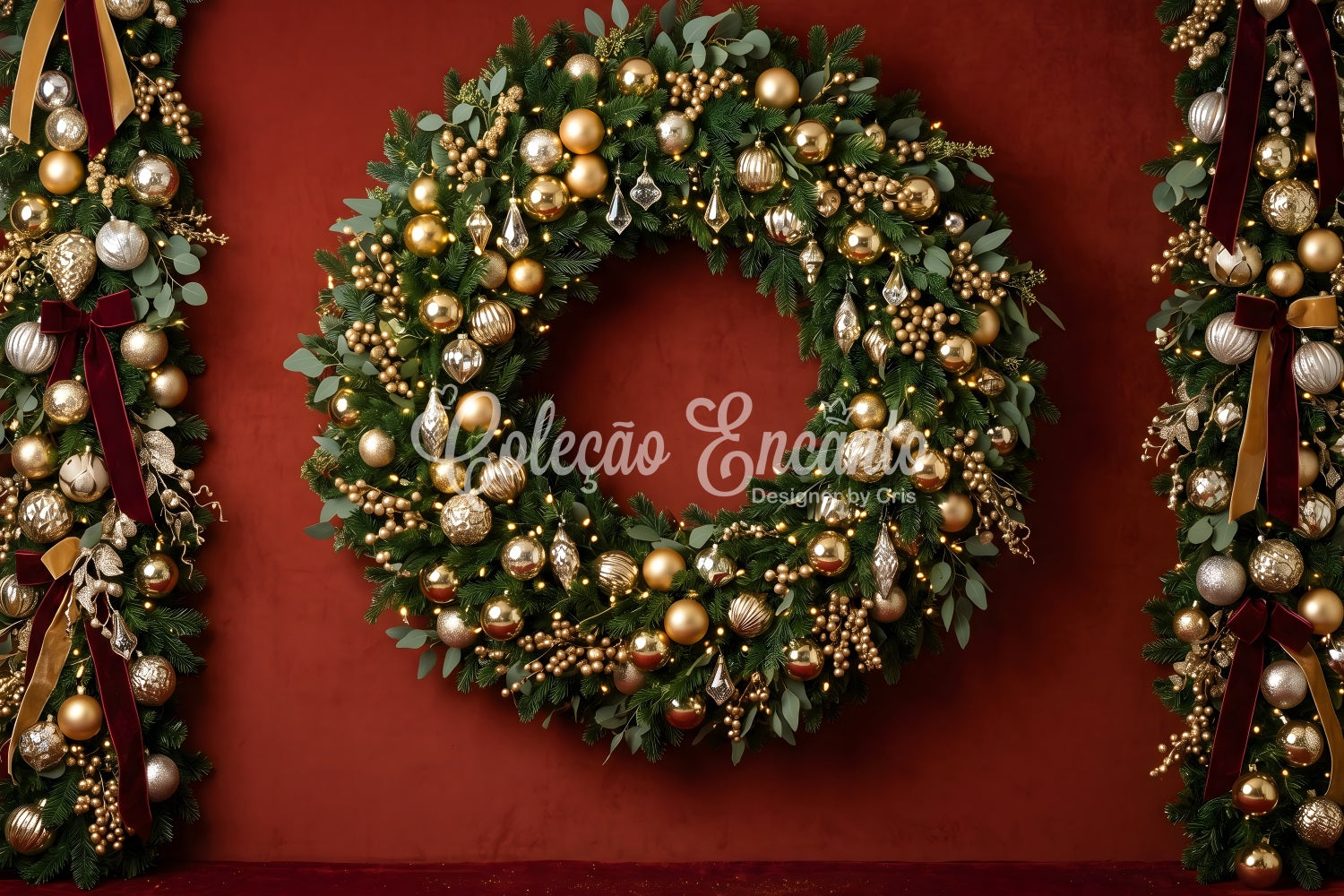 Christmas Photography Backdrop Golden Ornament Wreath Garland Christmas Photo Backdrops UK CEM65-83