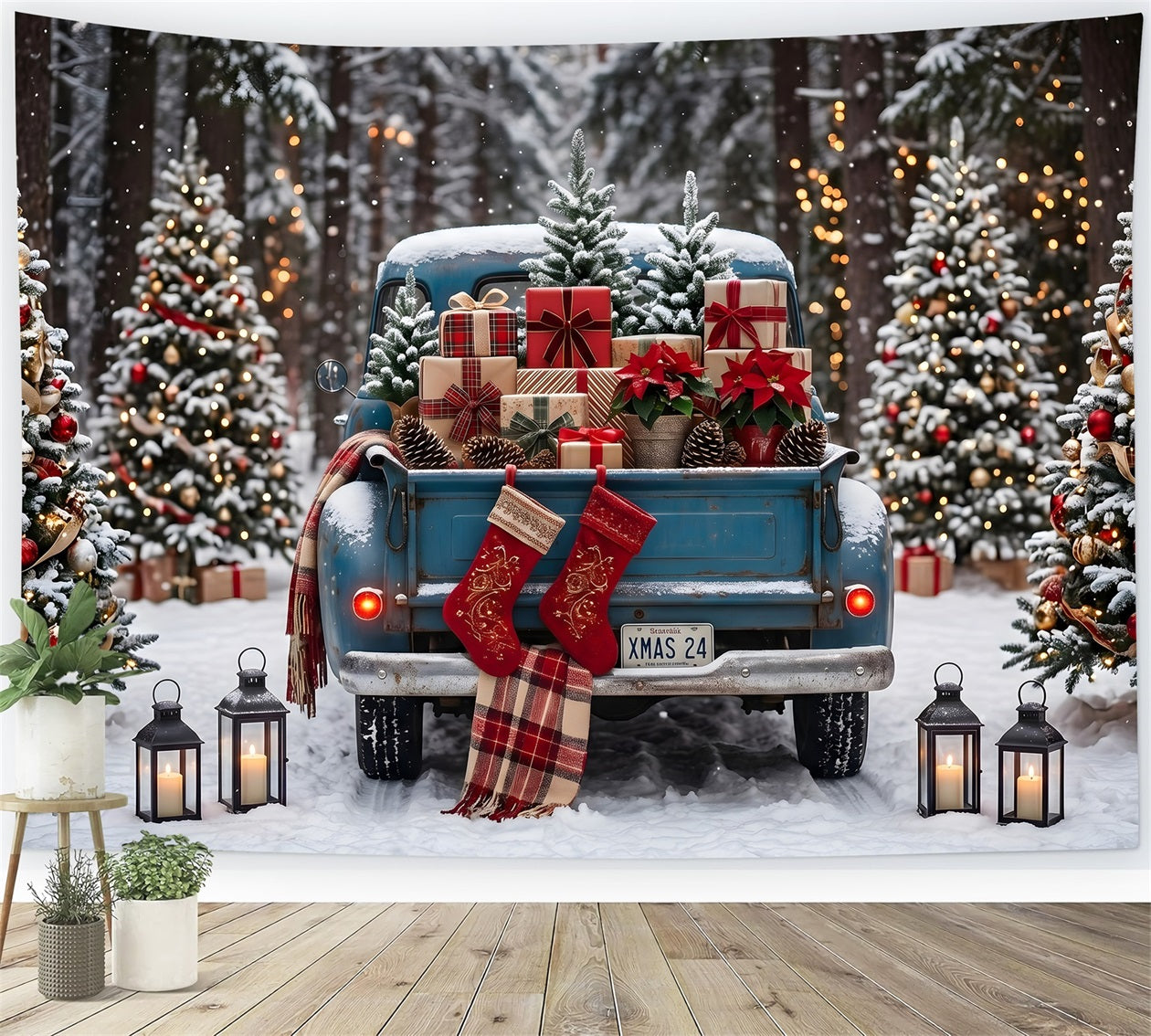Christmas Photography Backdrops Vintage Blue Truck Forest Gifts Christmas Backdrops UK CEM65-85