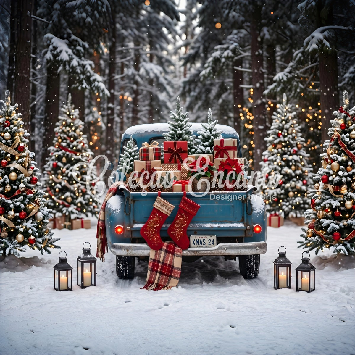Christmas Photography Backdrops Vintage Blue Truck Forest Gifts Christmas Backdrops UK CEM65-85