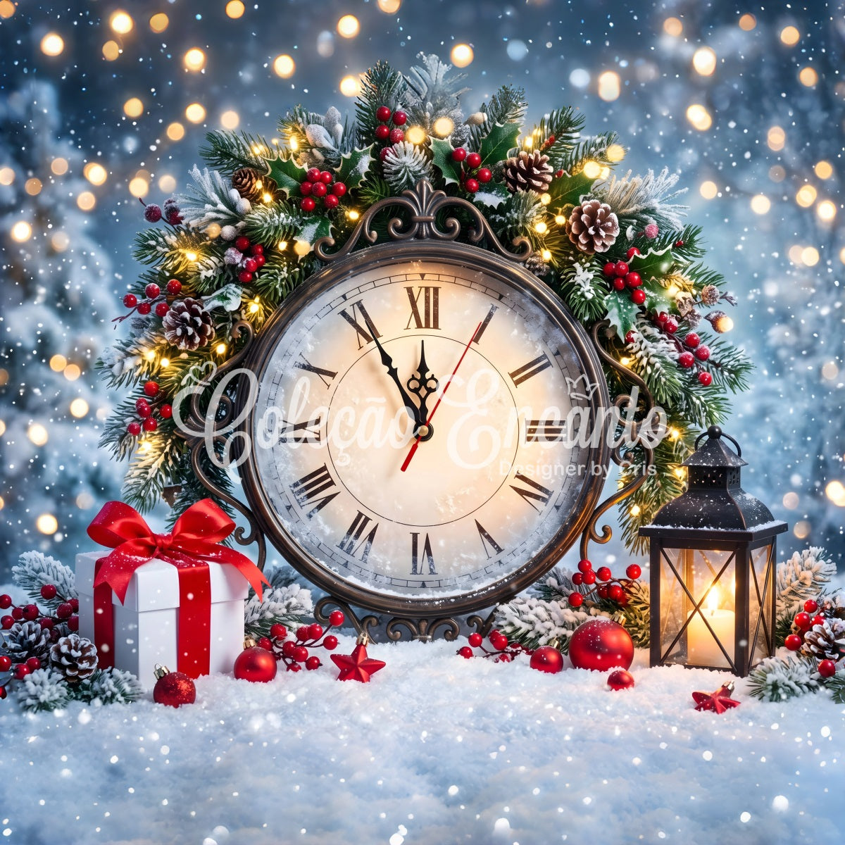 Christmas Backdrop Snowy Midnight Clock Wreath Lantern Christmas Backdrop UK CEM65-86
