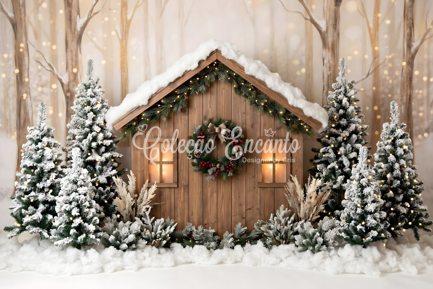 Outdoor Christmas Backdrop Snowy Woodland Cabin Pine Lights Christmas Backdrops UK CEM65-87