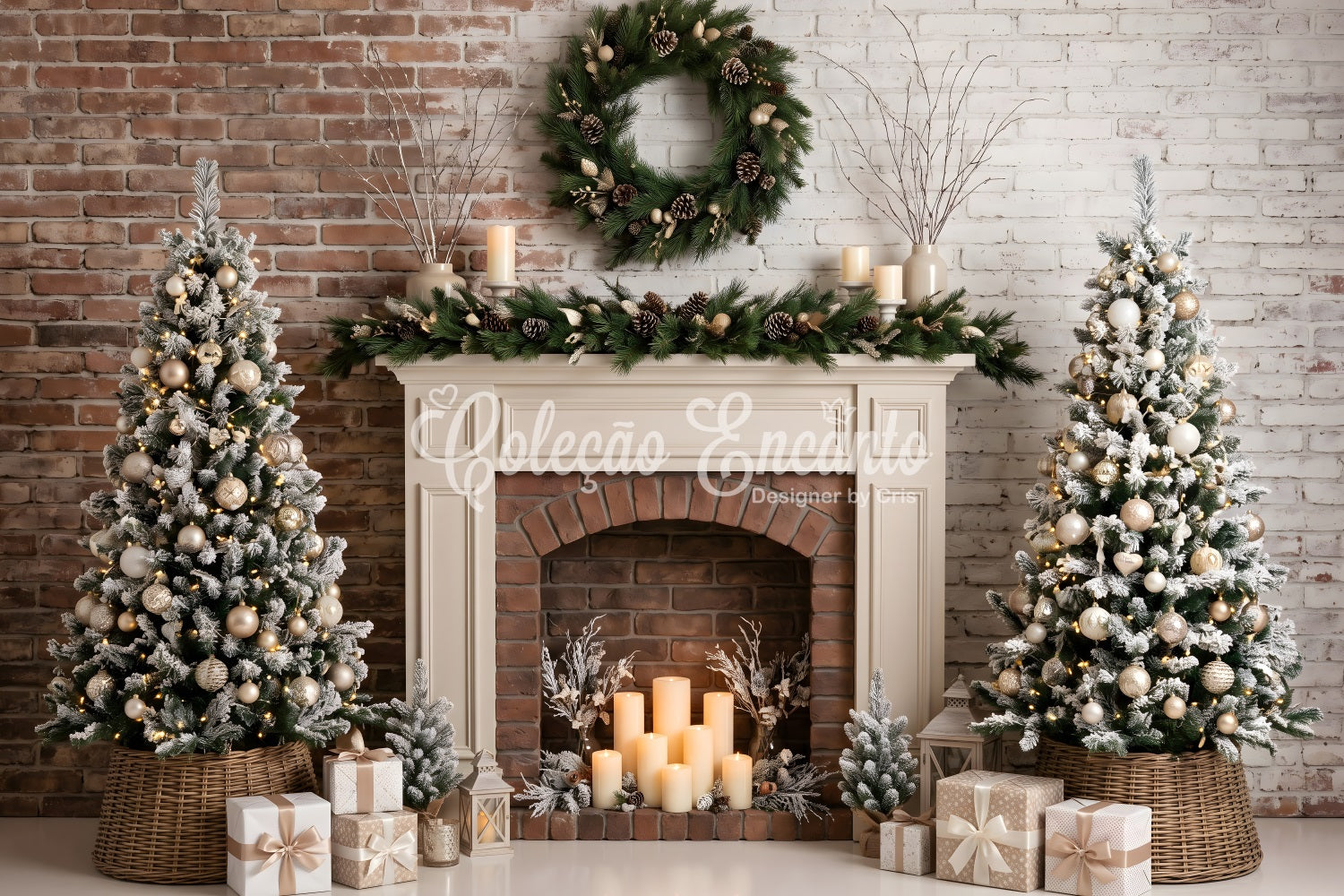 Christmas Backdrop Photography Frosted Fireplace Candle Trees Christmas Photo Backdrop UK CEM65-88