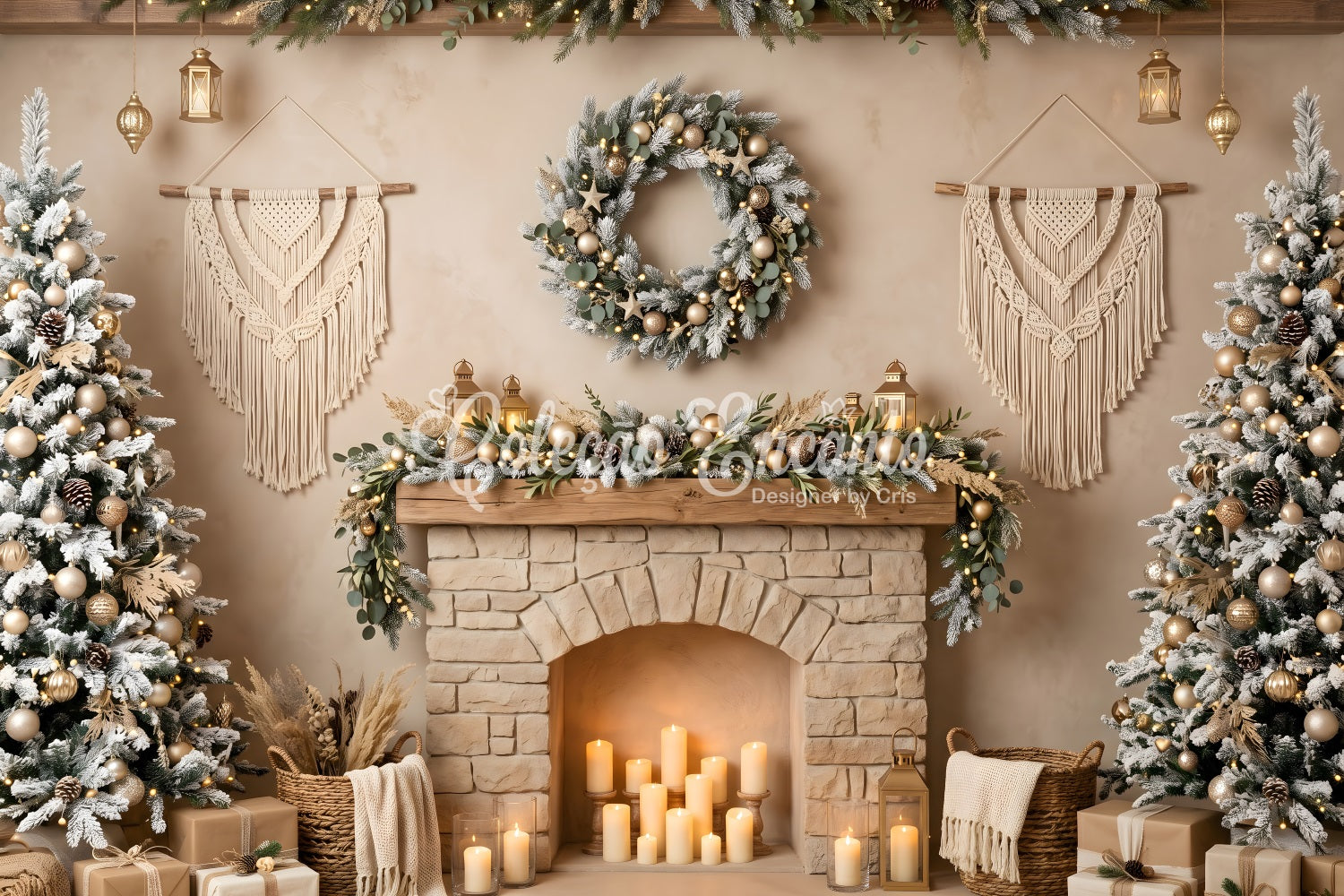 Christmas Picture Backdrop Boho Macrame Fireplace Candle Trees Christmas Backdrop UK CEM65-89
