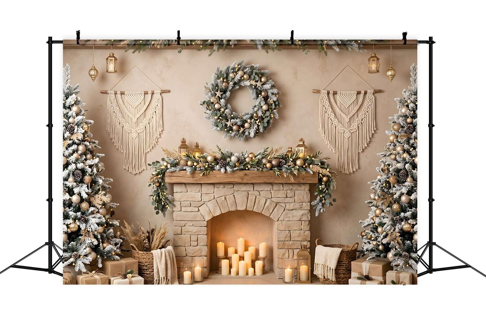 Christmas Picture Backdrop Boho Macrame Fireplace Candle Trees Christmas Backdrop UK CEM65-89