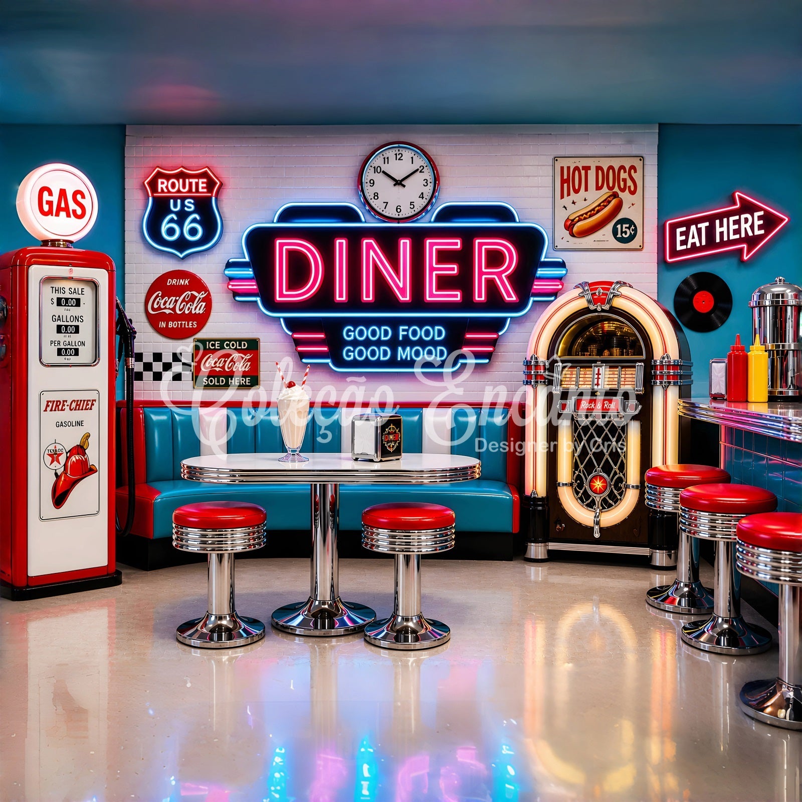 Newborn Photo Backdrop Retro Neon Diner Jukebox Booth Kids Photography Backdrop UK CEM65-9