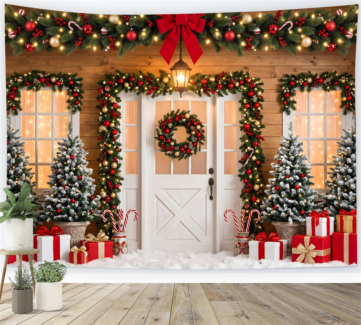 Christmas Photo Backdrop Ideas Red Bow Door Garland Gifts Christmas Backdrop Ideas UK CEM65-90