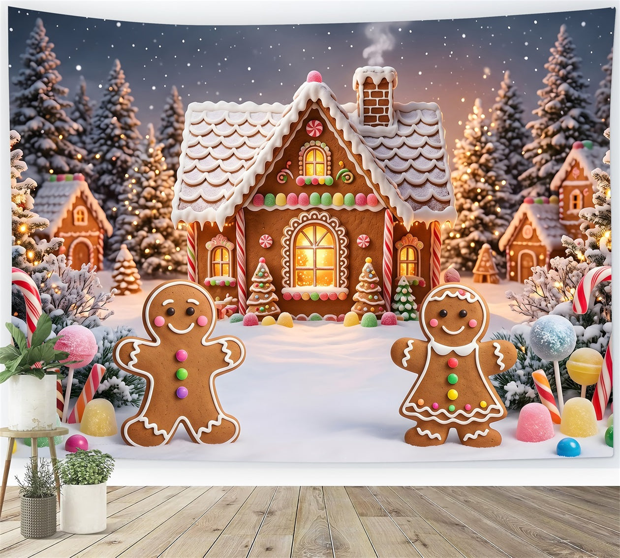 Christmas Village Backdrop Gingerbread Cottage Snow Forest Christmas Backdrops UK CEM65-93