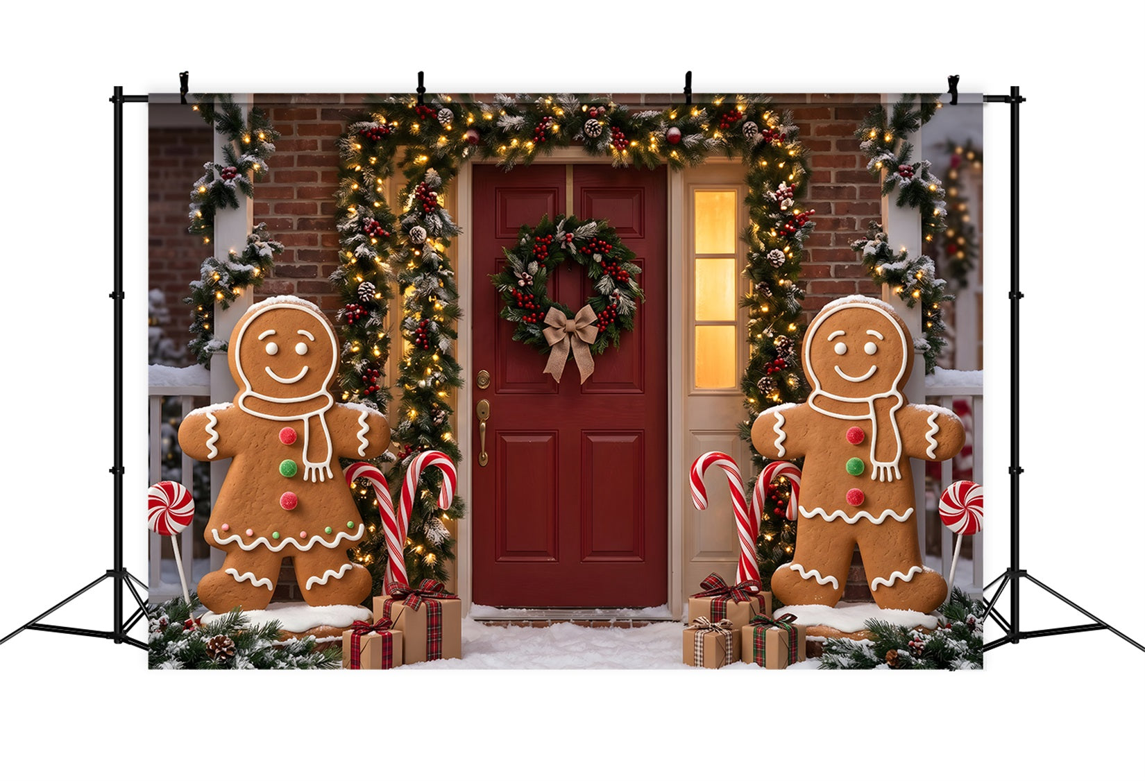Backdrop Christmas Gingerbread Door Garland Candy Canes Christmas Photography Backdrop UK CEM65-94