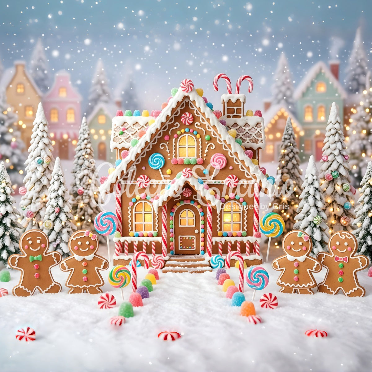 Christmas Backdrop Candy Gingerbread Village Snow Path Professional Christmas Backdrops UK CEM65-95