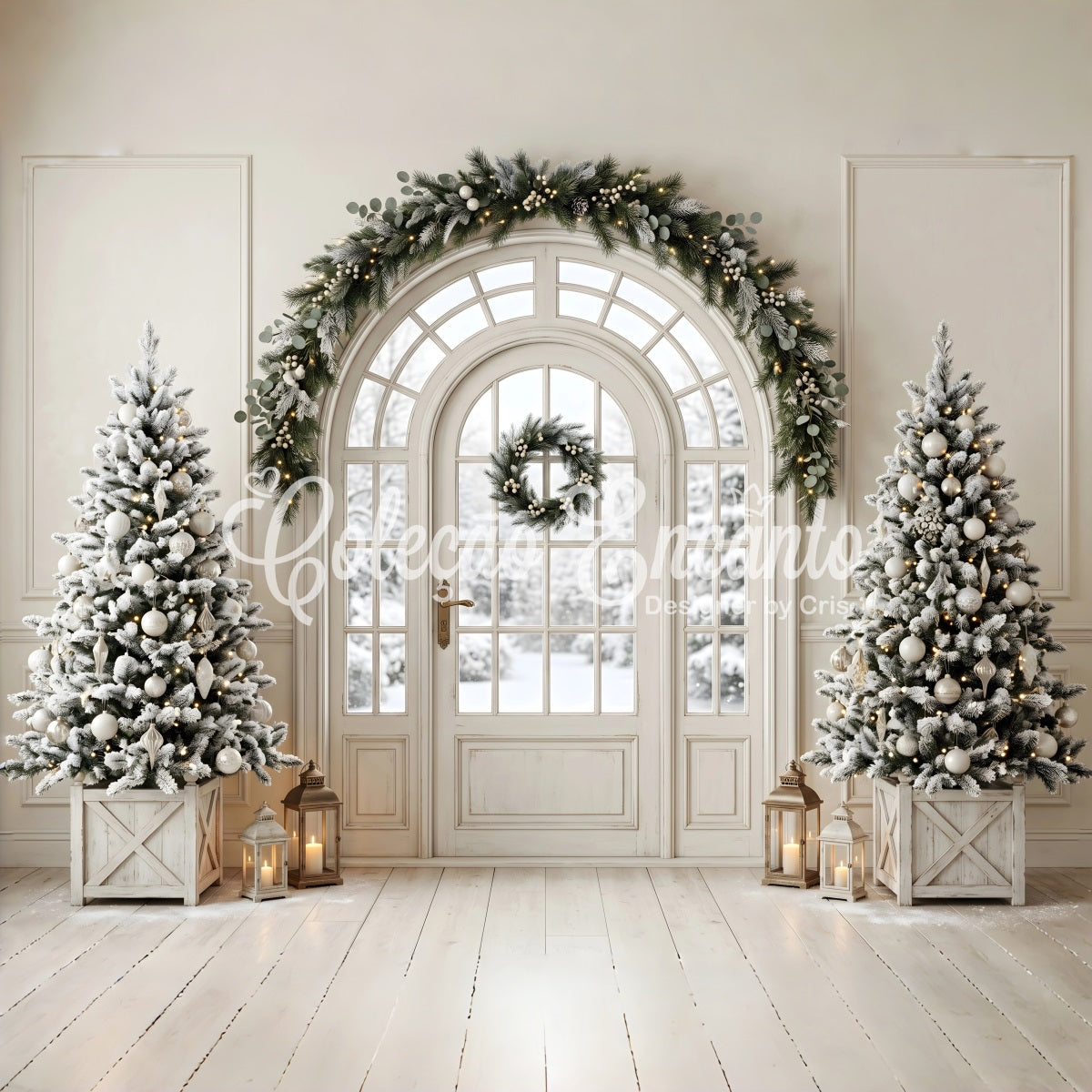 Christmas Living Room Backdrop Frosted Door Evergreen Lanterns Christmas Photo Backdrop UK CEM65-99