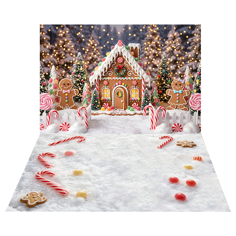 Candy Cane Gingerbread House Backdrop+Candy Cane Snow Floor Backdrop UK CEMCBS65-12
