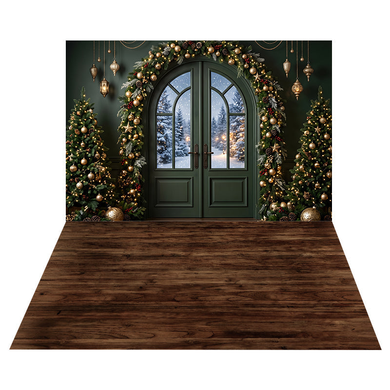 Emerald Garland Doorway Backdrop+Dark Rustic Wood Floor Backdrop UK CEMCBS65-13