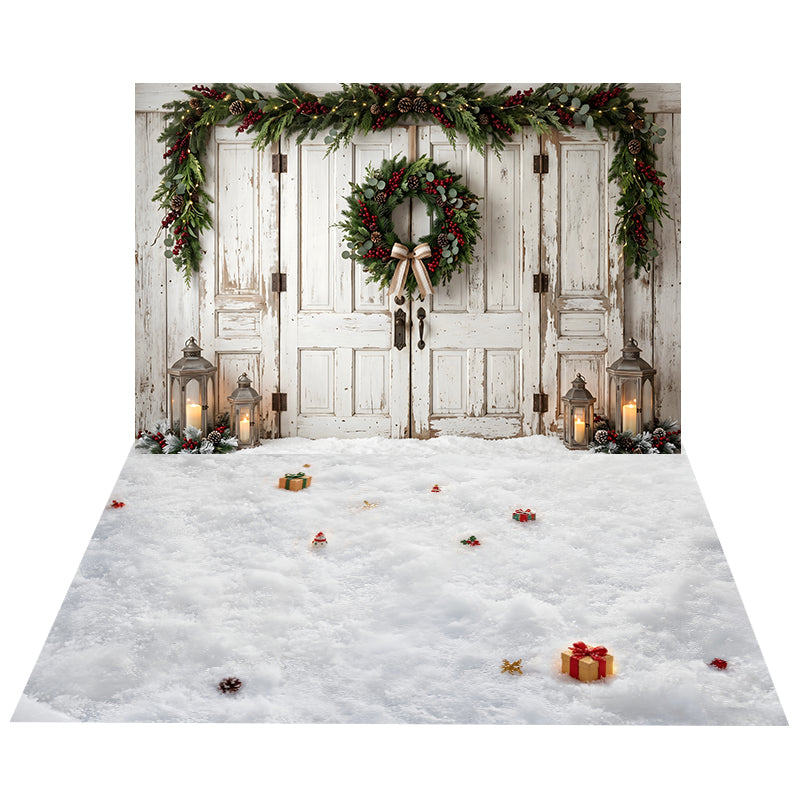 White Rustic Wreath Doors Backdrop+Scattered Gift Snow Floor Backdrop UK CEMCBS65-24