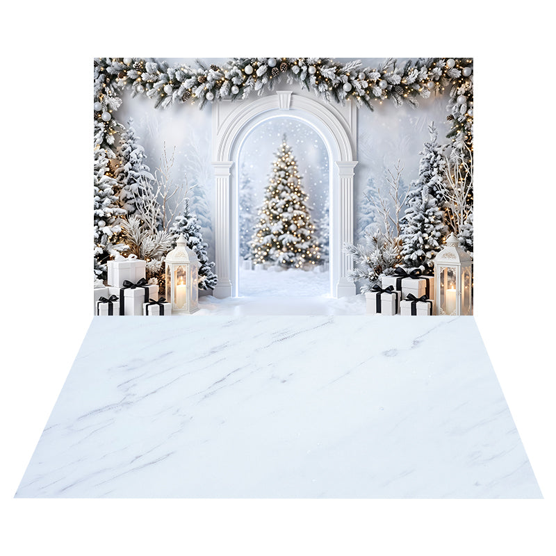 Snowy White Christmas Arch Backdrop+Soft Marble Veins Floor Backdrop UK CEMCBS65-26