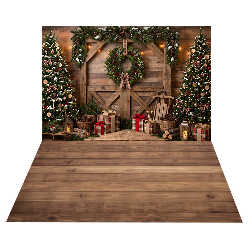 Rustic Wreath Barn Doors Backdrop+Warm Cedar Wood Floor Backdrop UK CEMCBS65-36