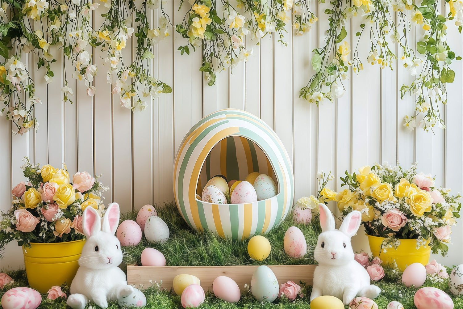 Easter Bunny Backdrop Floral Bunny Egg Celebration Backdrop UK CJJ-168