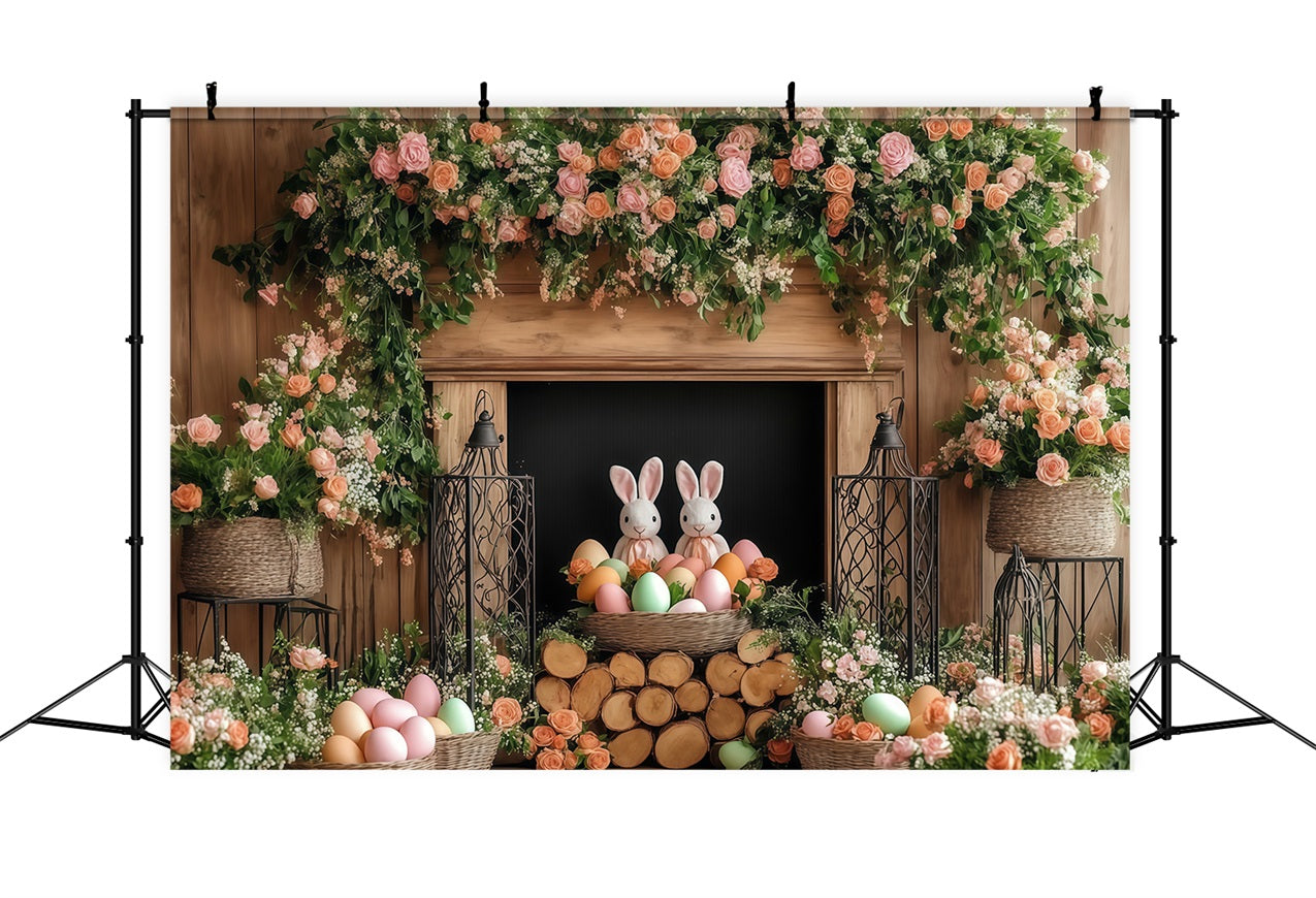 Easter Photo Backdrops Floral Bunny Fireplace Backdrop UK CJJ-169