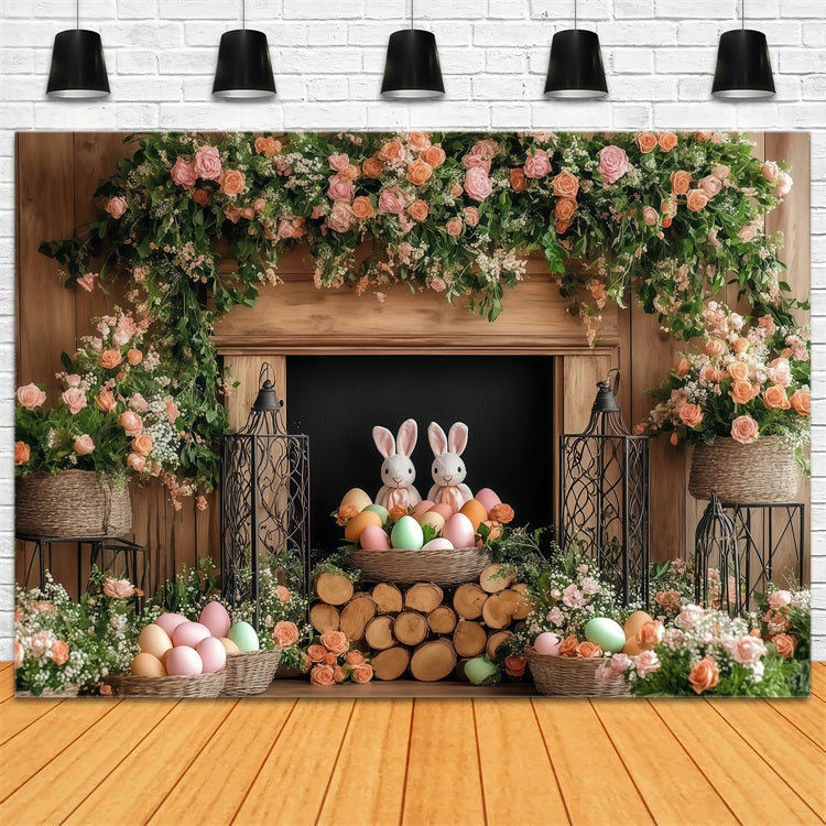 Easter Photo Backdrops Floral Bunny Fireplace Backdrop UK CJJ-169