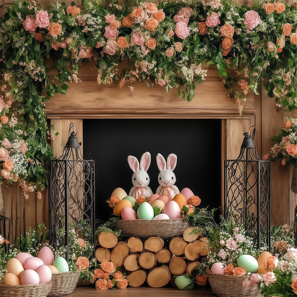 Easter Photo Backdrops Floral Bunny Fireplace Backdrop UK CJJ-169