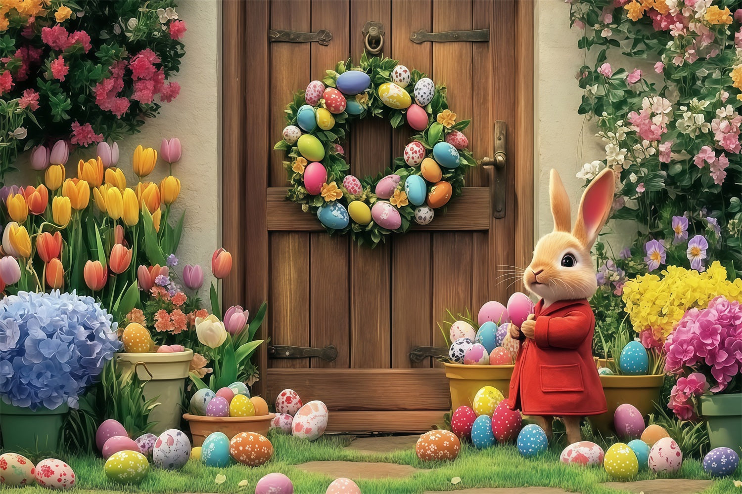 Easter Bunny Photo Backdrop Blooming Door Bunny Backdrop UK CJJ-170