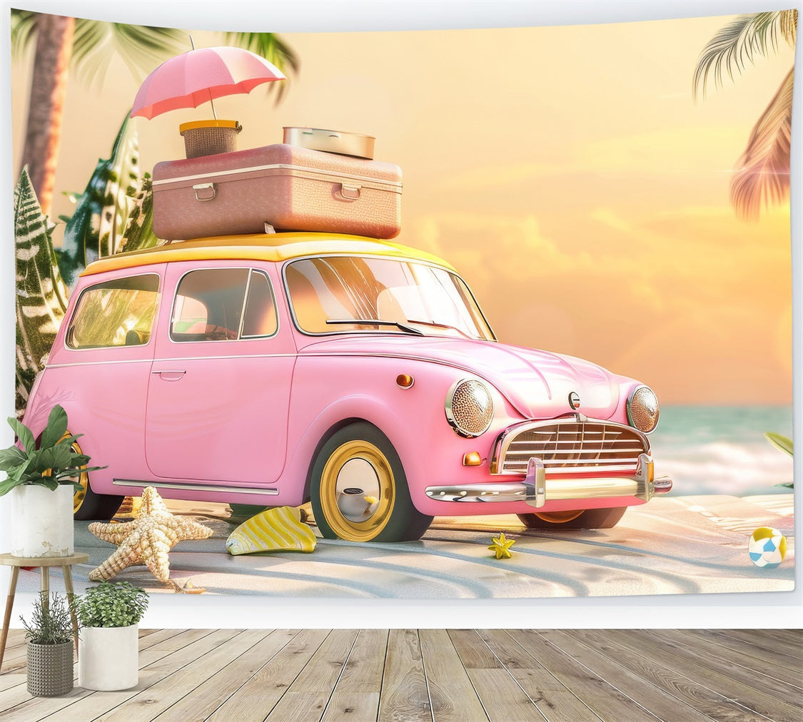 Backdrop Pink Girl Retro Car Pink Beach Backdrop UK CJJ2-102