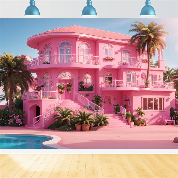 Pink Girl Backdrop House Backdrop Tropical Paradise Pink Villa Backdrop UK CJJ2-84