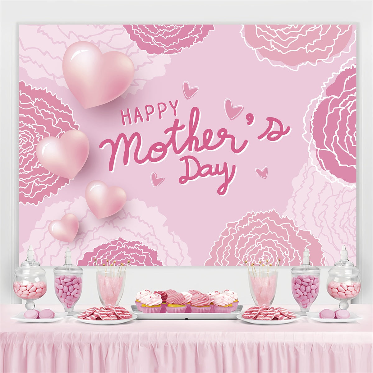 Mothers Day Backdrops Pink Carnation Love Hearts Custom Backdrop UK CJJ3-131