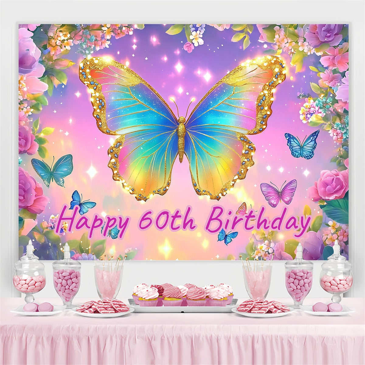Personalized 60th Birthday Backdrop Colorful Glitter Butterfly Backdrop UK CJJ3-201