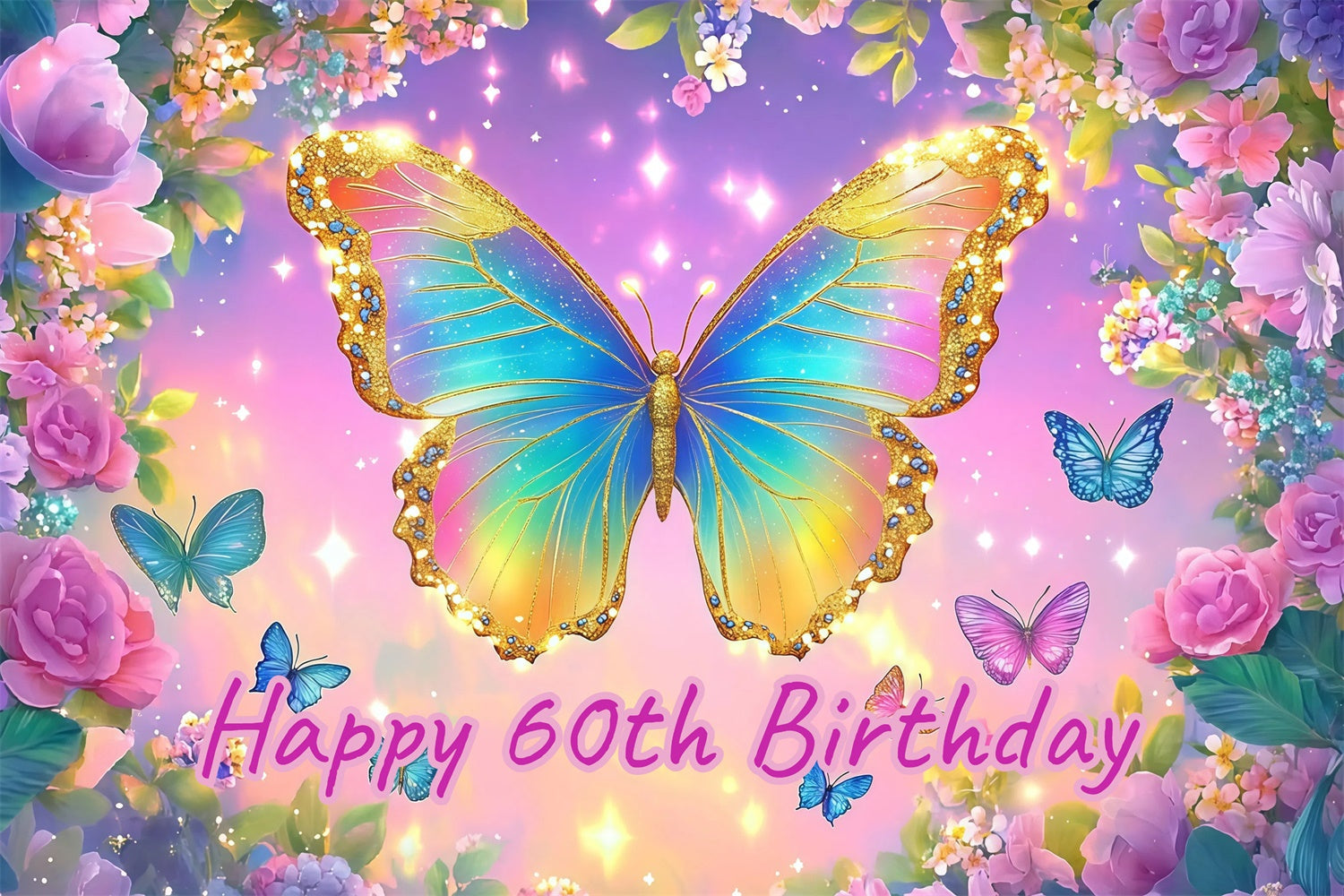 Personalized 60th Birthday Backdrop Colorful Glitter Butterfly Backdrop UK CJJ3-201