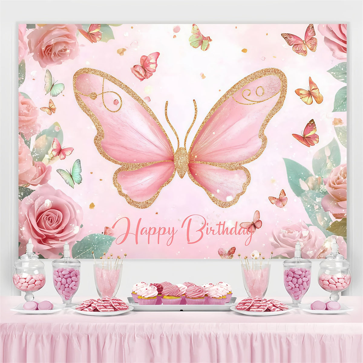 Customized Backdrop For Birthday Pink Butterfly Floral Backdrop UK CJJ3-203