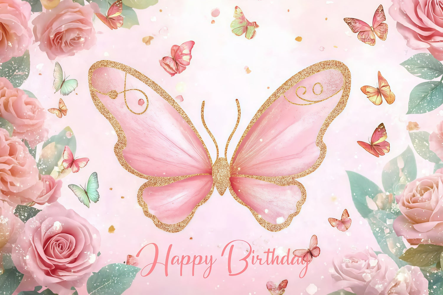 Customized Backdrop For Birthday Pink Butterfly Floral Backdrop UK CJJ3-203