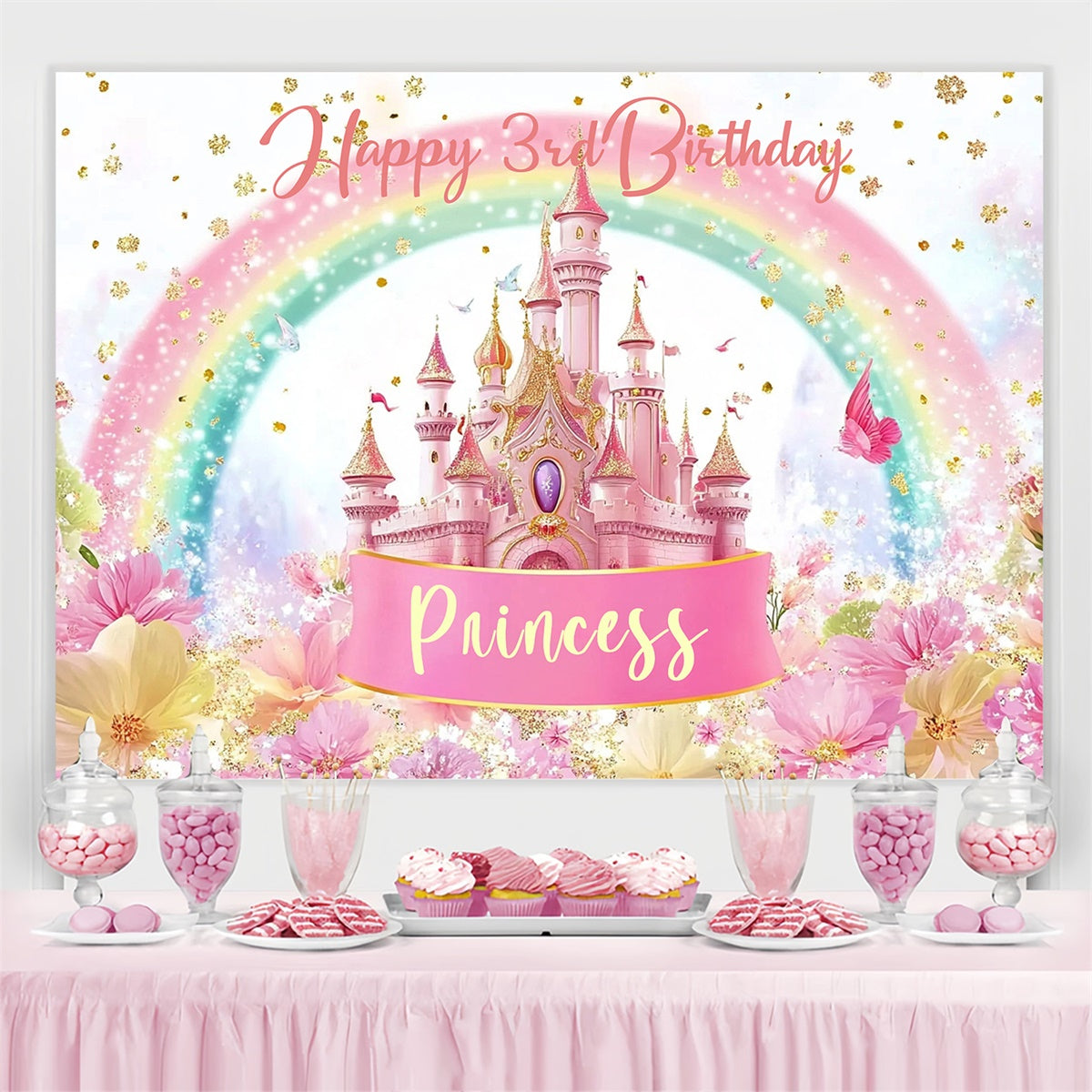Personalized Birthday Backdrops Dreamy Rainbow Castle Backdrop UK CJJ3-204