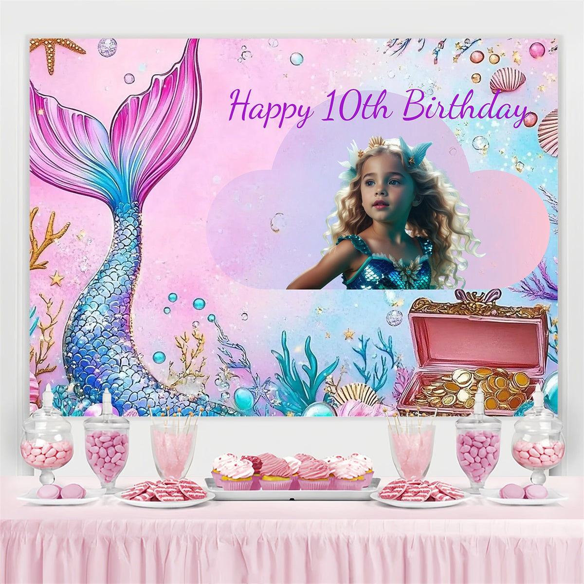 Custom Birthday Backdrops Magical Mermaid Undersea 10th Backdrop UK CJJ3-205