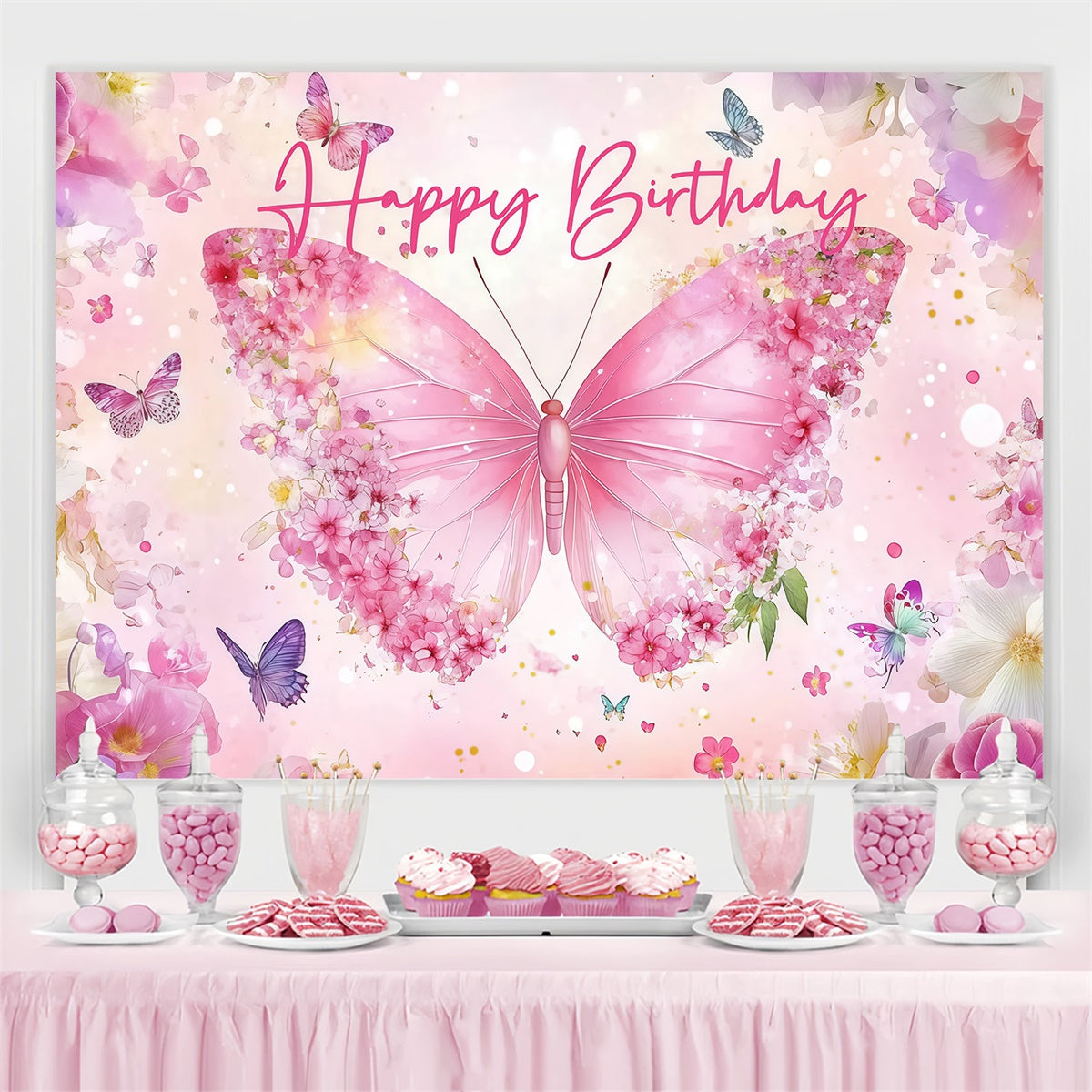 Custom Made Birthday Backdrops Dreamy Petal Butterfly Backdrop UK CJJ3-207