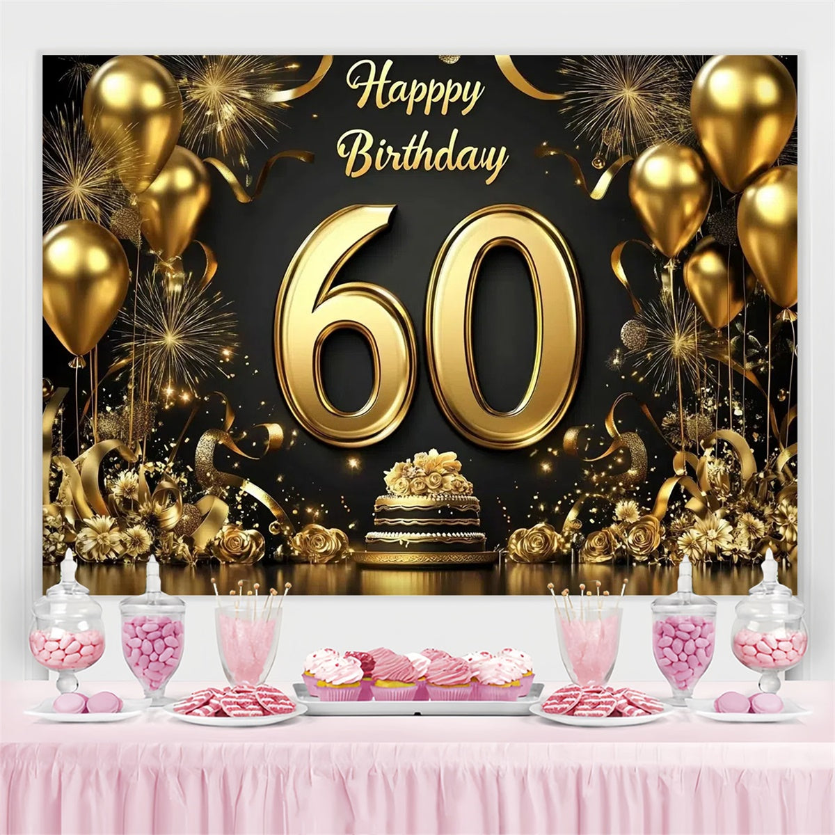 Personalized 60th Birthday Backdrop Golden Balloon Sparkle Backdrop UK CJJ3-208