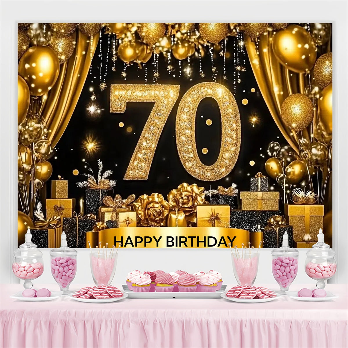 Custom Birthday Backdrops Sparkling Golden Balloons 70th Backdrop UK CJJ3-209