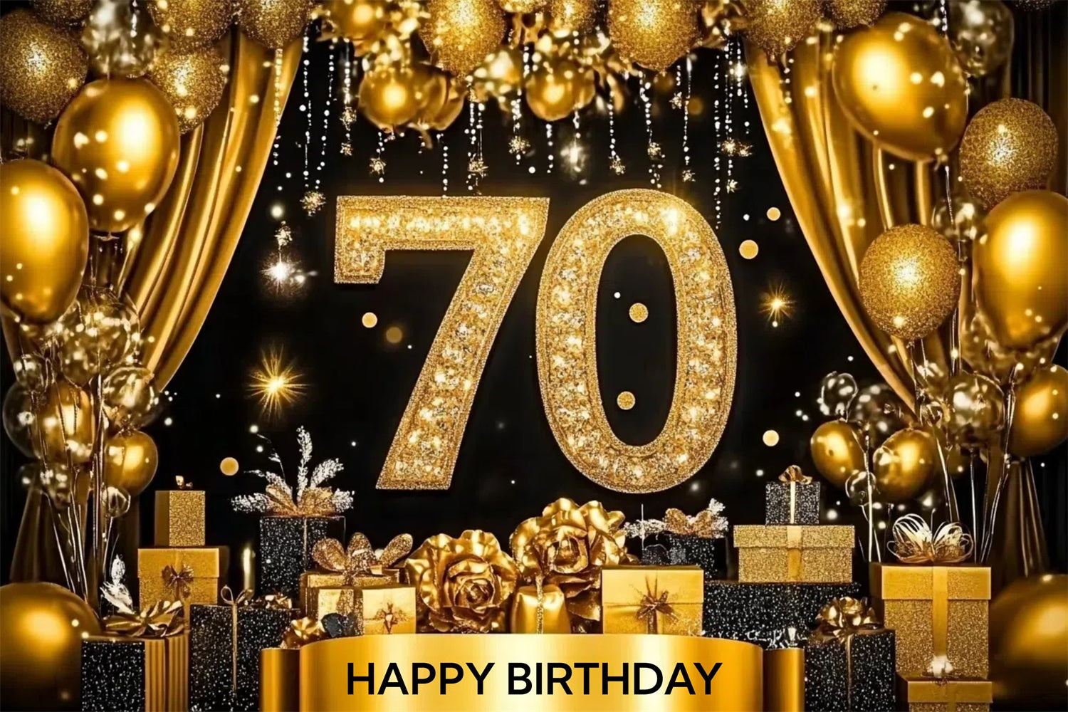 Custom Birthday Backdrops Sparkling Golden Balloons 70th Backdrop UK CJJ3-209