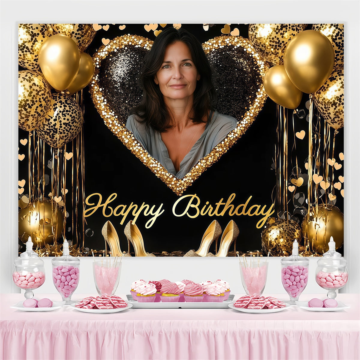 Custom Happy Birthday Backdrop Glitter Heart Frame Balloon Backdrop UK CJJ3-212