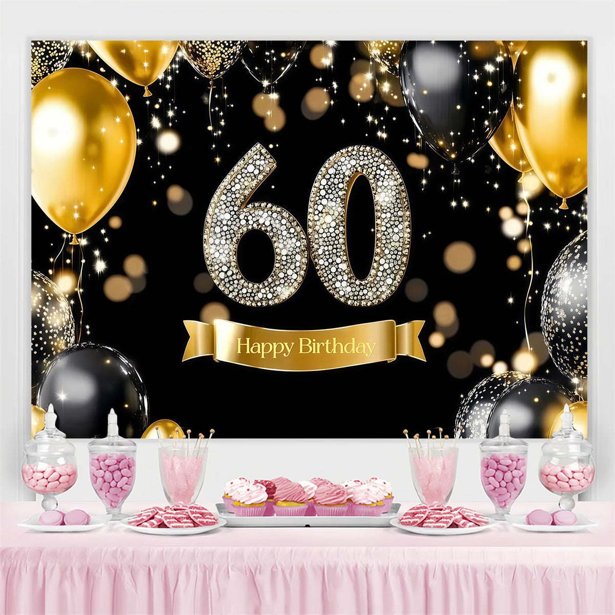 Customized Birthday Backdrop Shiny Diamond Balloon 60th Backdrop UK CJJ3-213