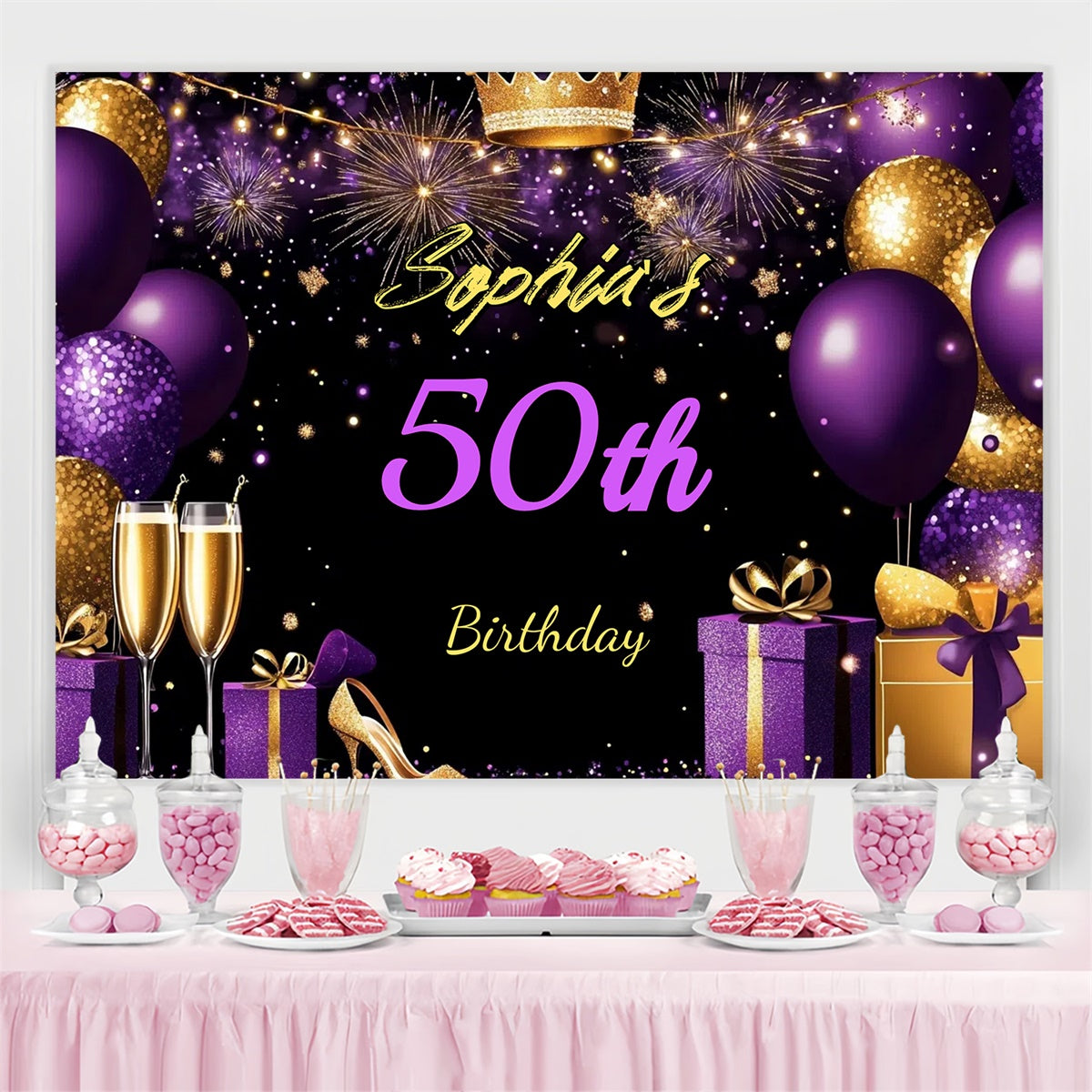 Customized Birthday Backdrop Royal Purple Shoe Gift 50th Backdrop UK CJJ3-214