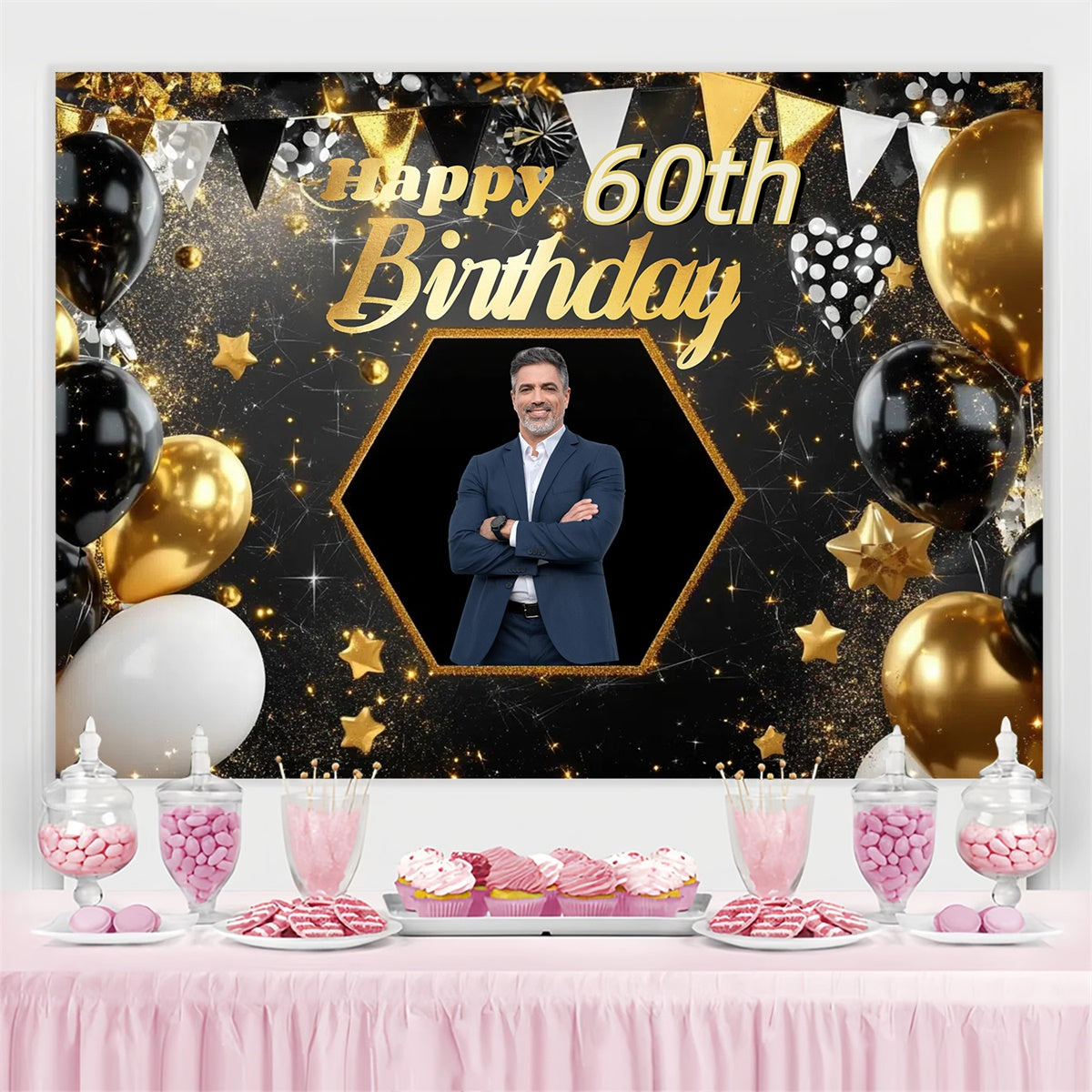 Personalized 60th Birthday Backdrop Gold Banner Star Backdrop UK CJJ3-218