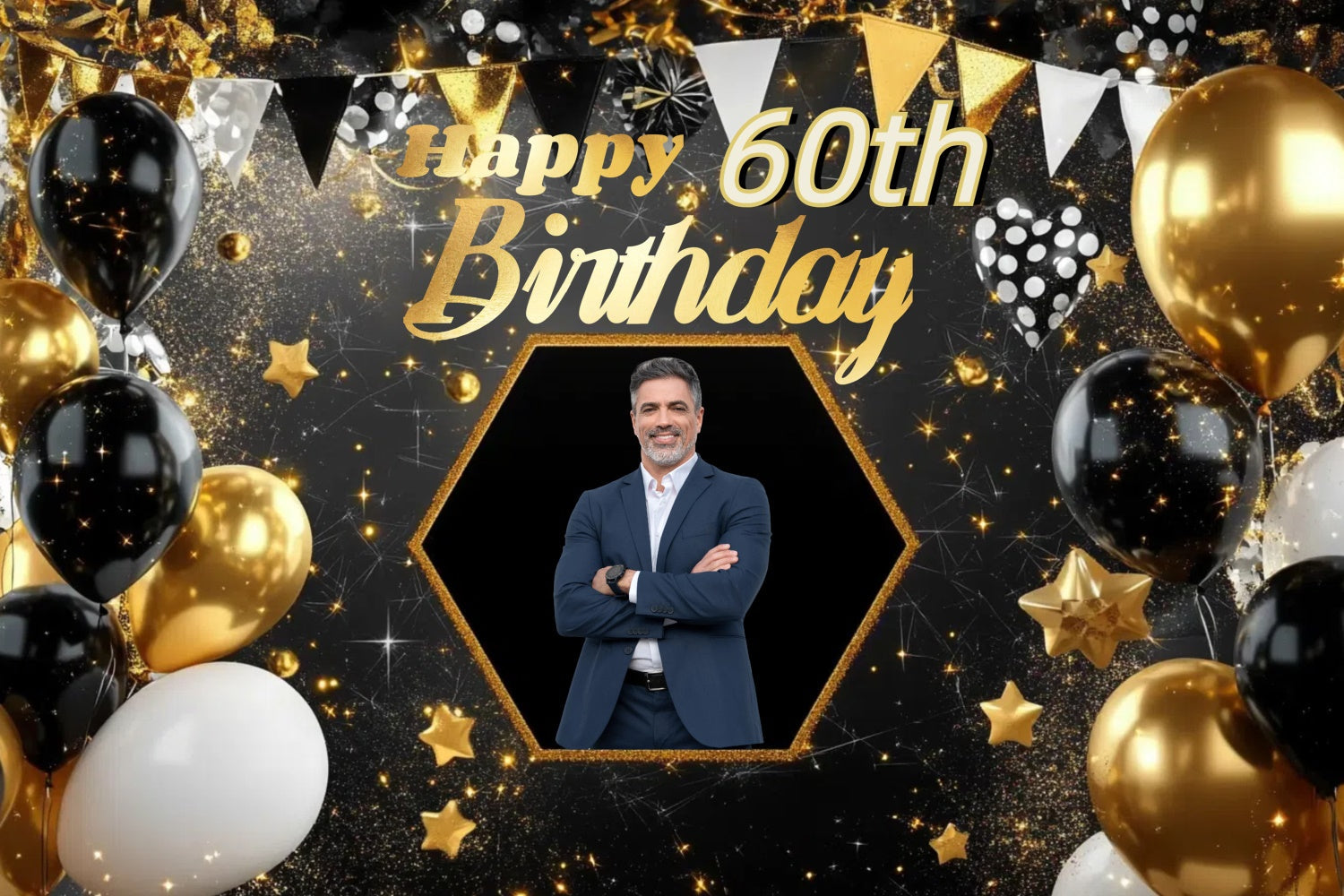 Personalized 60th Birthday Backdrop Gold Banner Star Backdrop UK CJJ3-218